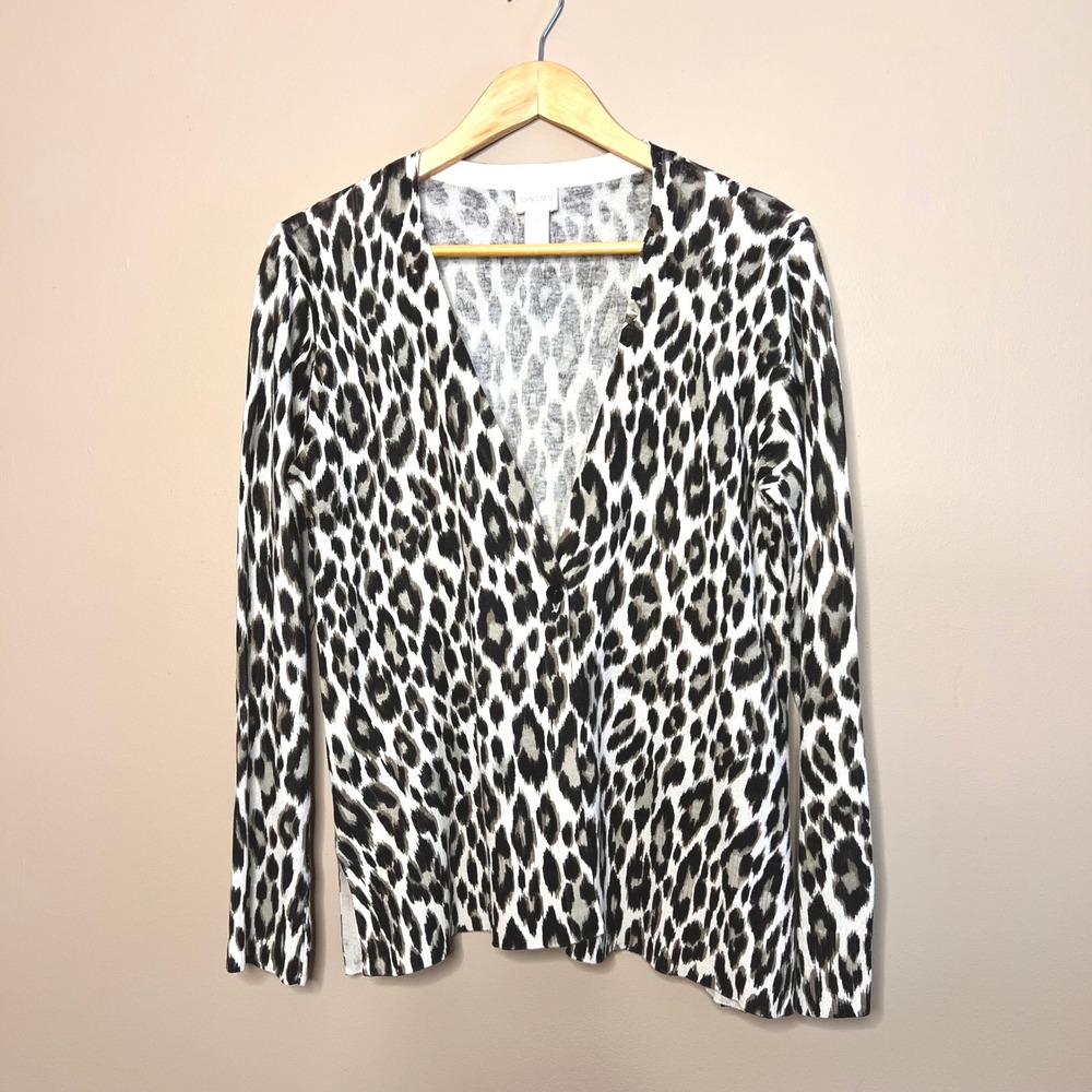 Chicos Womens Cardigan Sweater Size‎ 1 Leopard Print Long Sleeve Button Front